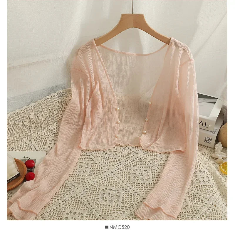 Button Front Crop Women Cardigan Sheer Knit Top Lightweight Bolero .