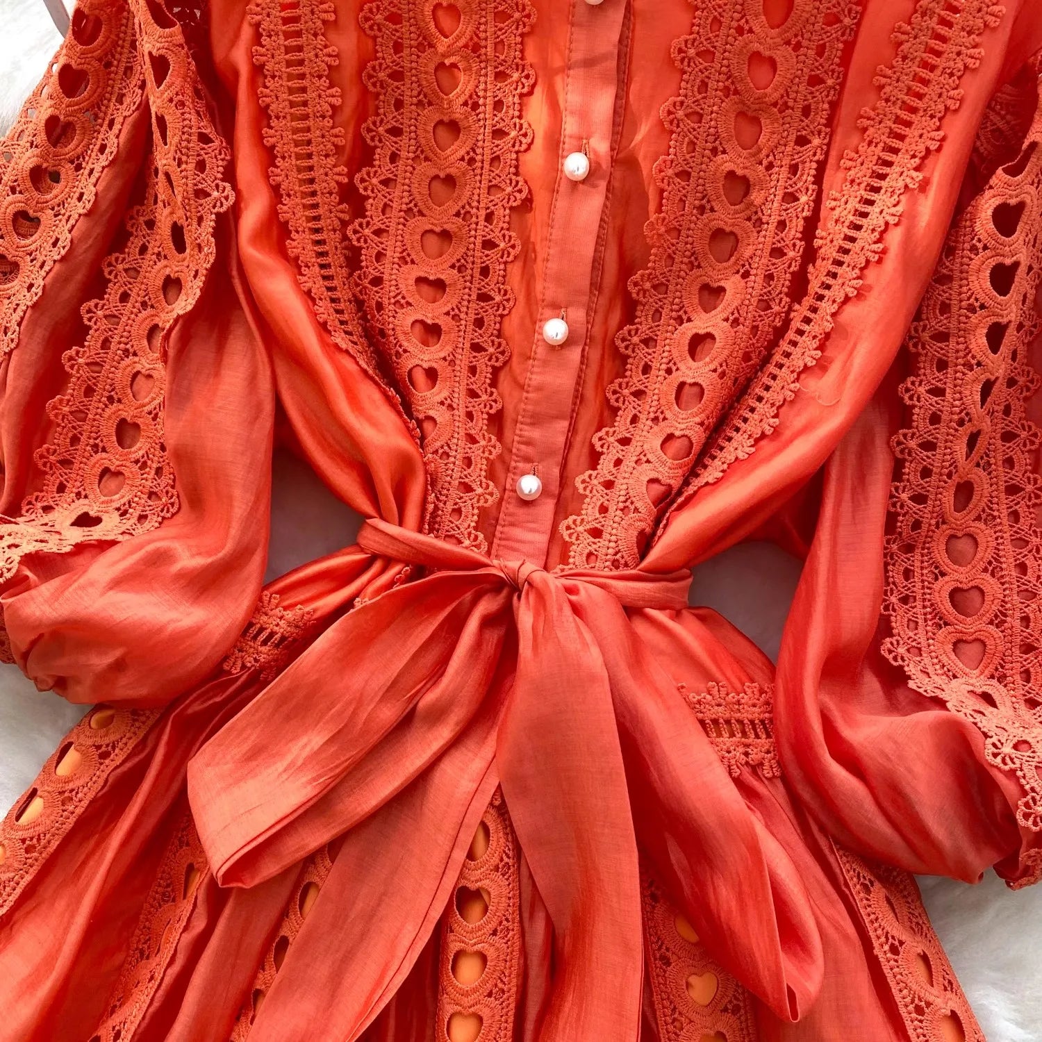 Spring Summer Embroidery Lace Stitching Hollow Out Midi Dress Women's Stand Collar Single Breasted Belt Loose Party Vestidos