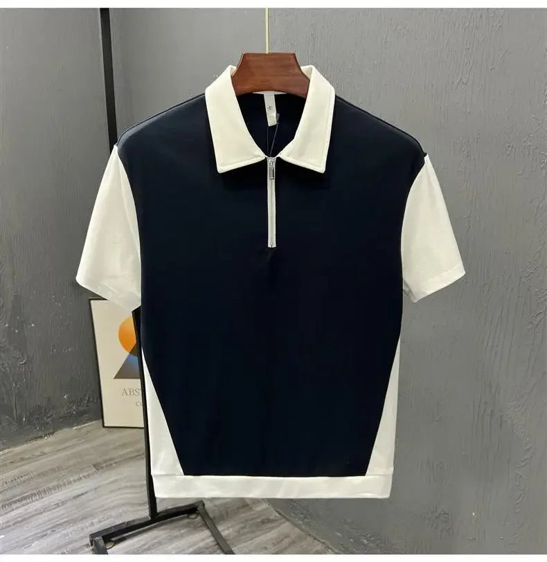 Fashionable Half-zipped Men's Polo Shirt Casual Color Block Short Sleeves Summer Trendy Lightweight Style Men's T-shirt