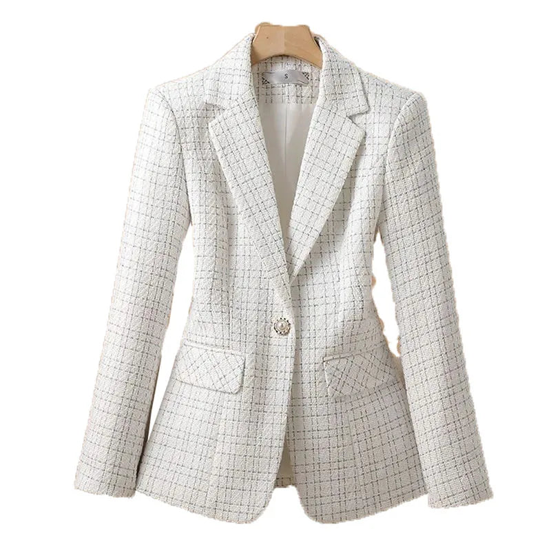 Fashionable White Checkered Suit Jacket For Women  .