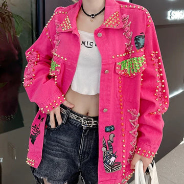 Women Graffiti Printed Rivets Denim Jacket Loose Holes Diamonds .