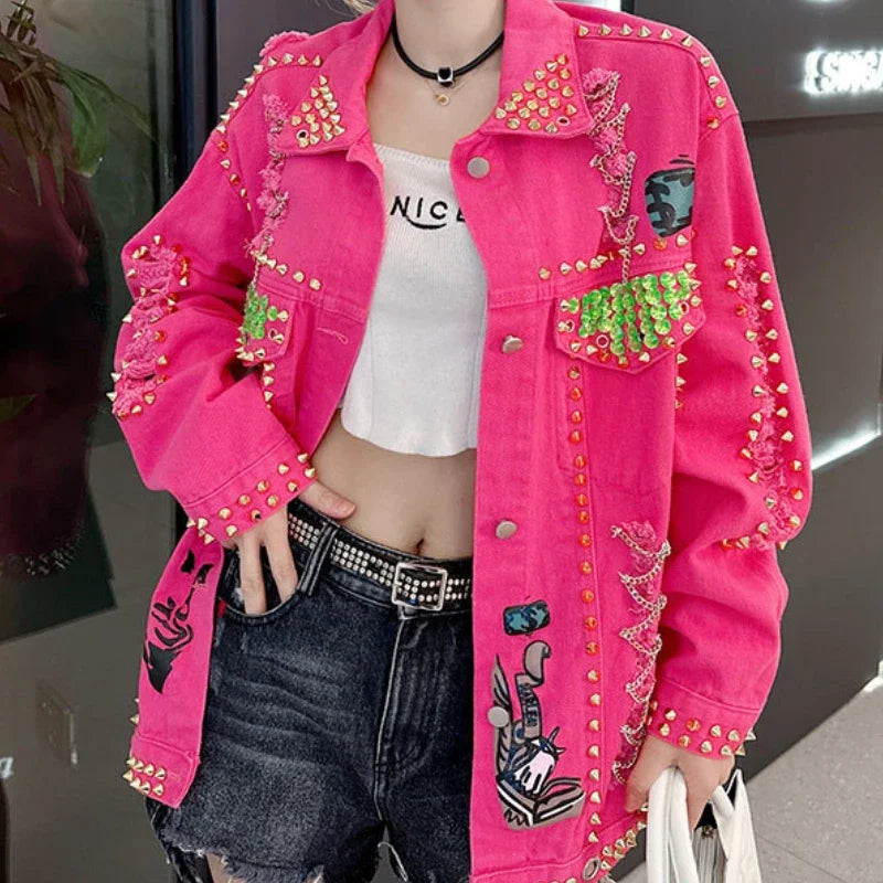 Women Graffiti Printed Rivets Denim Jacket Loose Holes Diamonds .