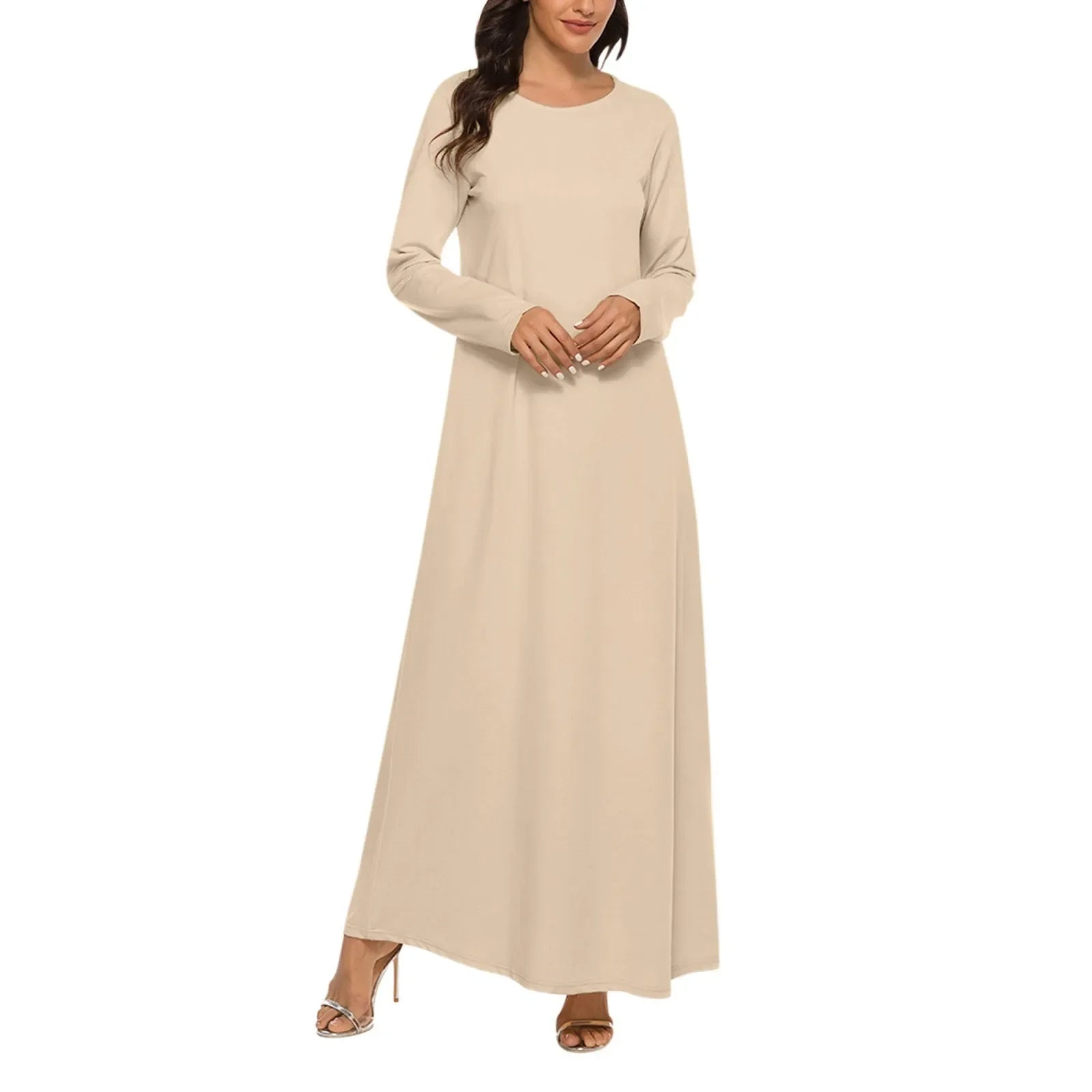 Women's Casual Solid Color Muslim Dress Long Sleeve Hollow Out Sequins Cardigan Loose Fit Long Skirt Islamic Dress