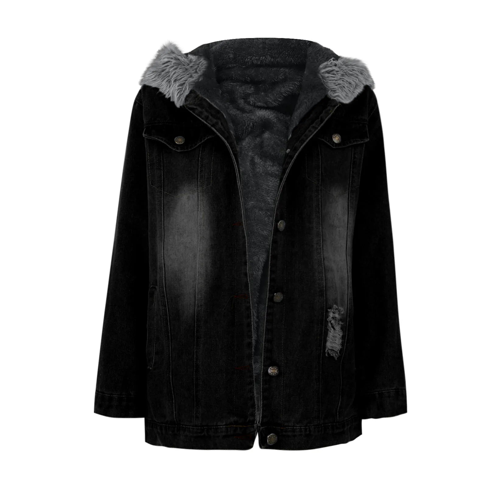 New Fashion Hooded Big Fur Collar Denim Jacket .