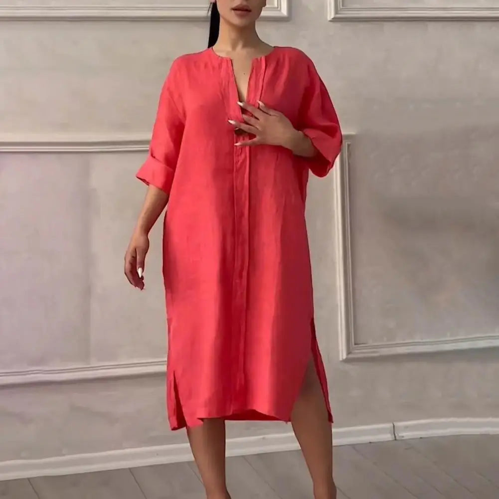 Soft Fabric Women Dress Button V-neck Dress Women's 'fashion/MH