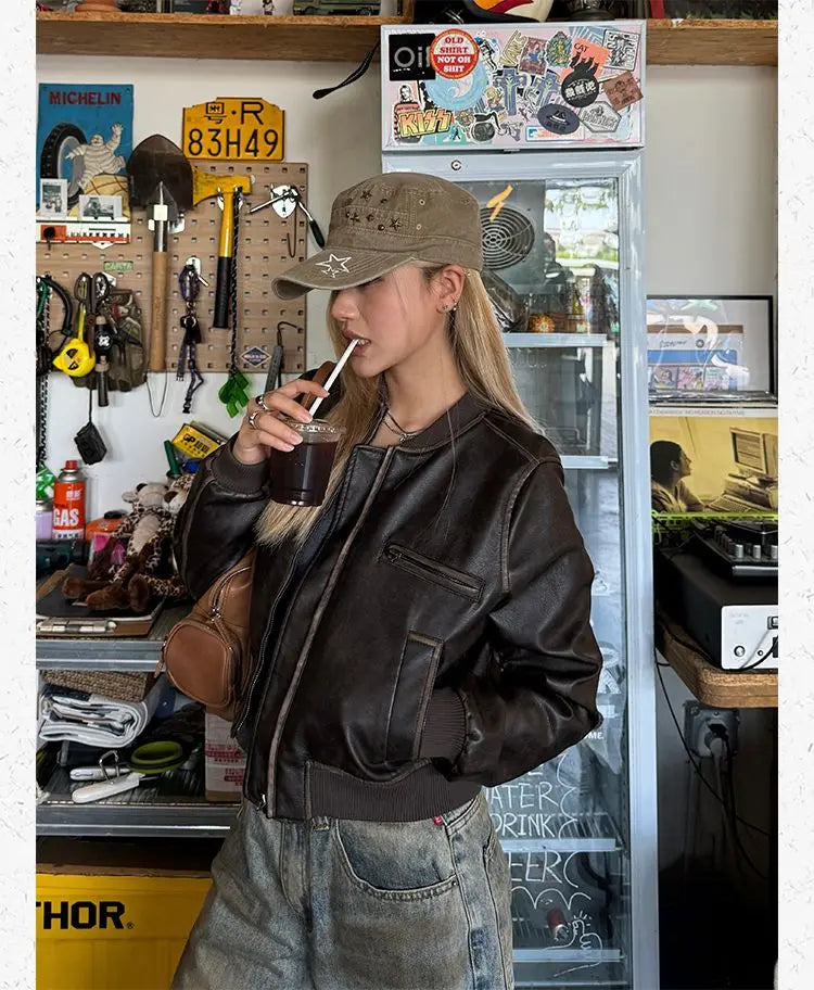 American Vintage Short Motorcycle Leather Jacket Women.