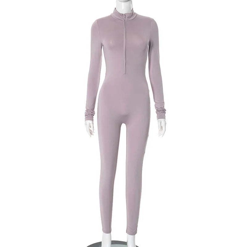 Shestyle Solid Women 2025 Fitness Bodycon Jumpsuit Zipper Fly Mock Neck Work Out Clothes Hipster Violet Sexy Stretchy Stylish