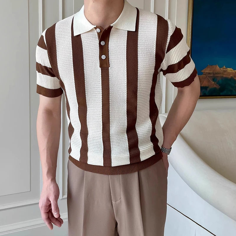 Stylish Mens Slim Short Sleeve Polo Shirts Knitting Striped Contrast Color Polo T Shirt For Men Summer New Casual Buttoned Polos
