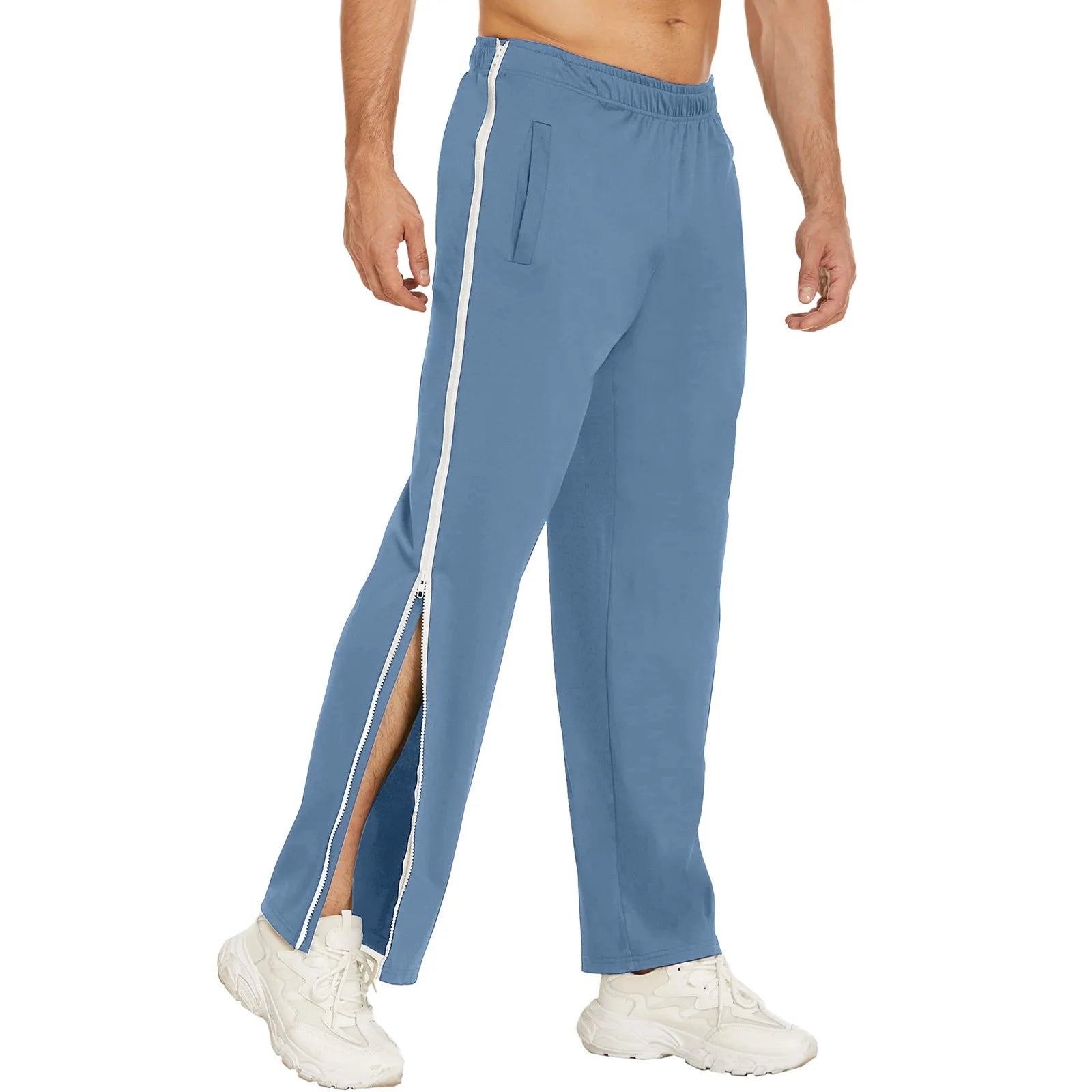 Men Athletic Pants, Elastic Waist Zip-up Trousers Casual Pants.