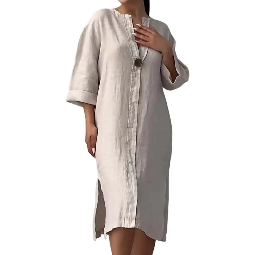 Summer Women Dress V Neck Side Split Loose Pullover Button women fashion'/MH