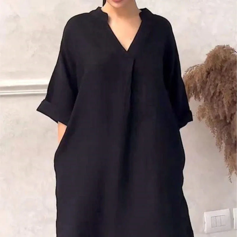 Fashion Cotton And Linen Women's V-neck Loose Dress women fashion'/MH