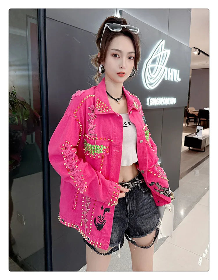 Women Graffiti Printed Rivets Denim Jacket Loose Holes Diamonds .