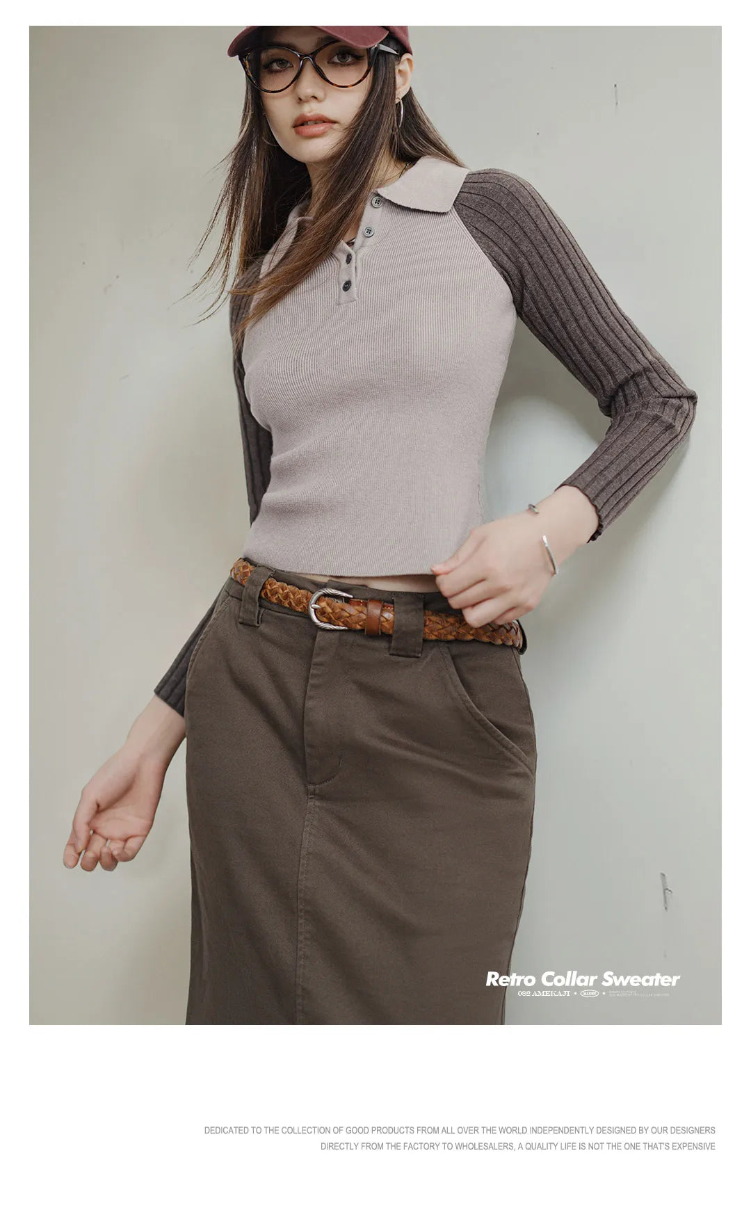 Maden Casual Spliced Knitted Sweater Button Slim Fit Bottoming Versatile Sweater .