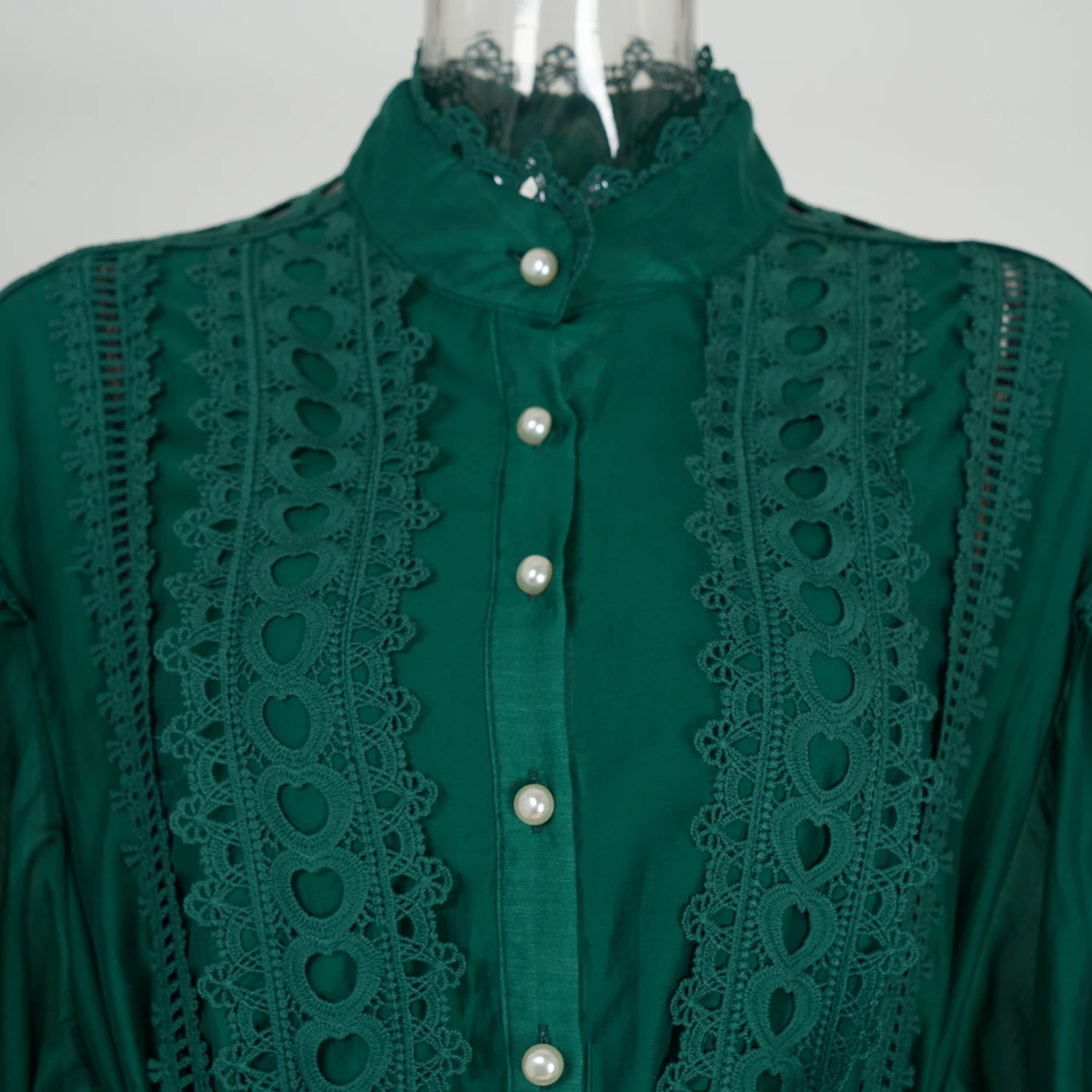 Spring Summer Embroidery Lace Stitching Hollow Out Midi Dress Women's Stand Collar Single Breasted Belt Loose Party Vestidos