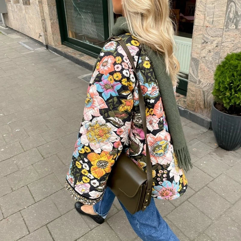Maemukilabe Floral Print Loose Quilted Jacket .