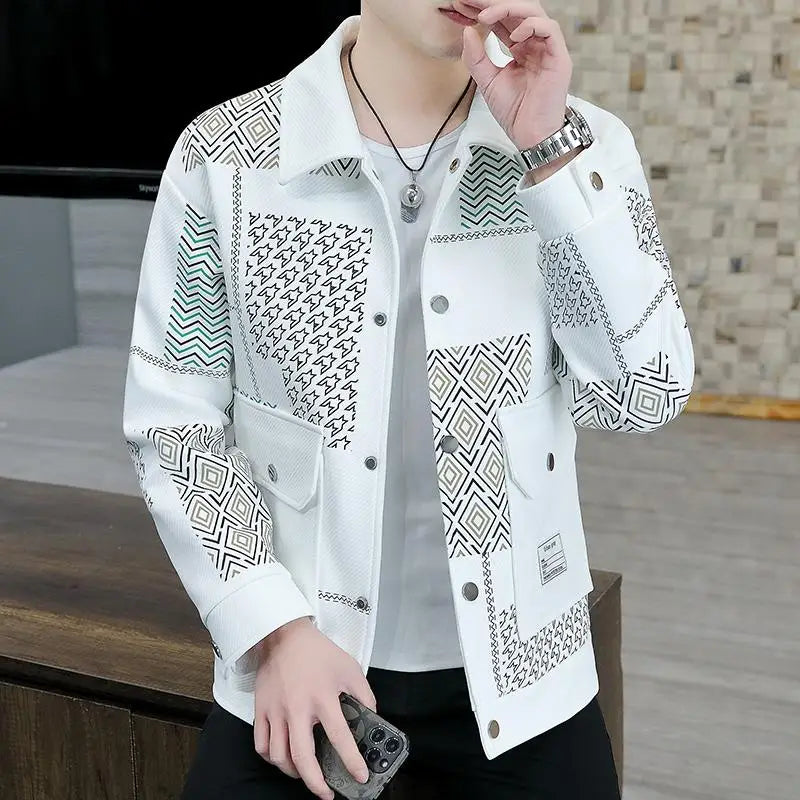 Brand Clothing Spring Autumn Men Coats Lapel Slim Print Jacket.
