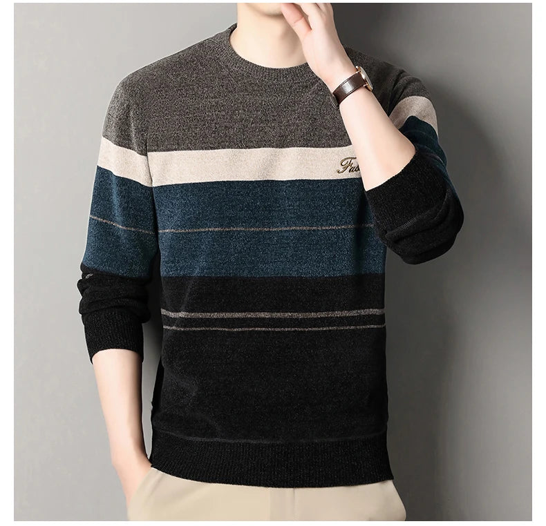 Mens Fashion Striped Sweater Round Neck Pullover Fleece.