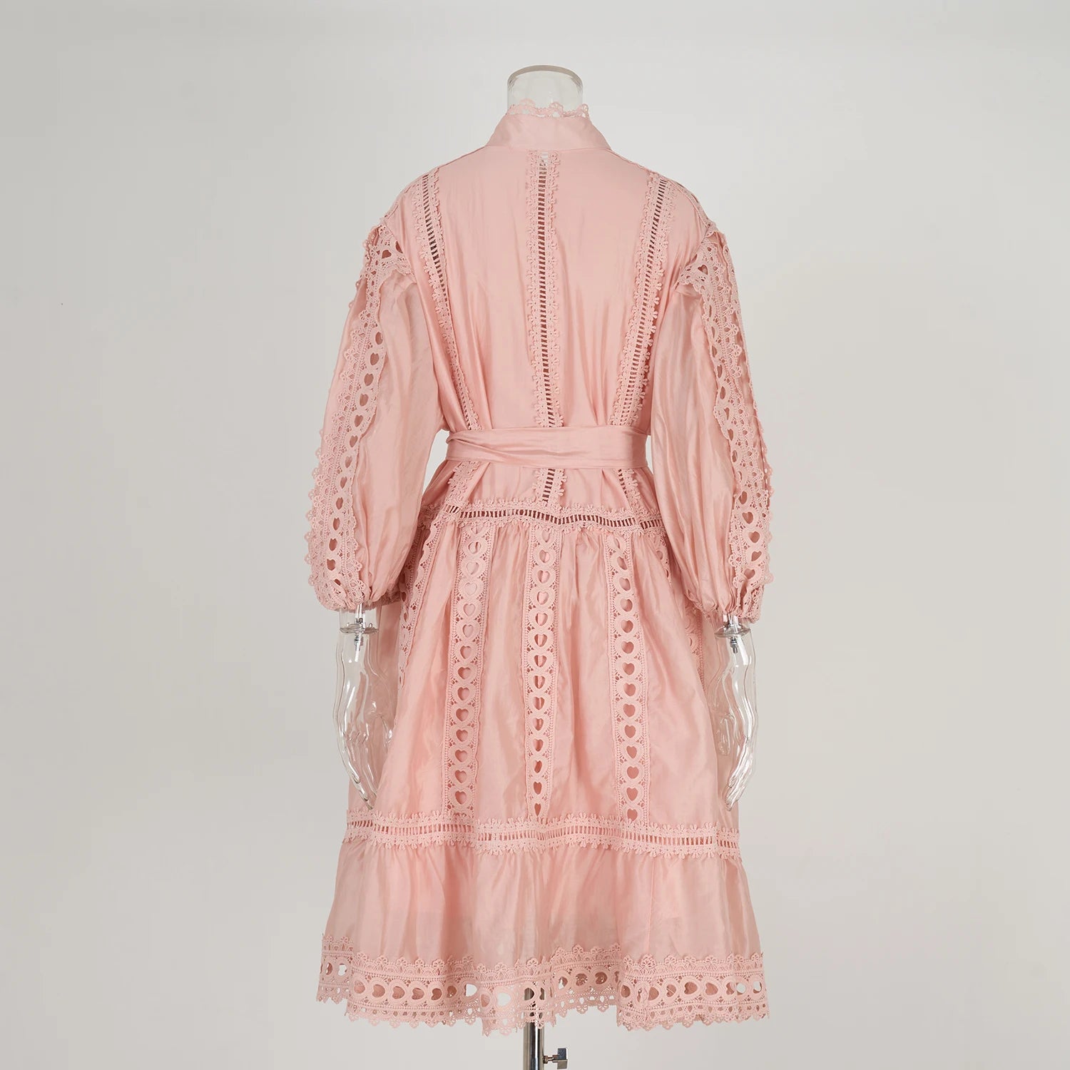 Spring Summer Embroidery Lace Stitching Hollow Out Midi Dress Women's Stand Collar Single Breasted Belt Loose Party Vestidos