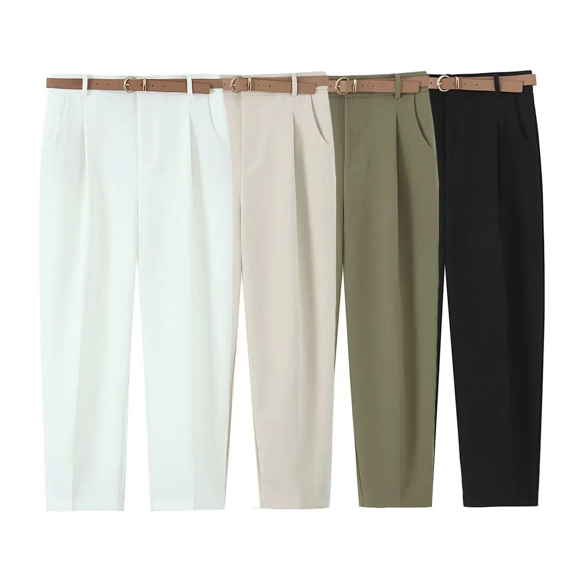 ZBZA Women's Belted Pleated Trousers High Waist Side Pockets .