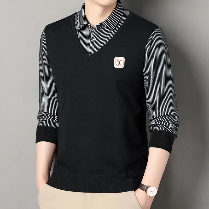 Men's Winter Sweater Fashion Polo Shirt Pullover Slim Fit Elegant Luxury Brand Knitwear Fake Two Pieces Knitted Sweaters