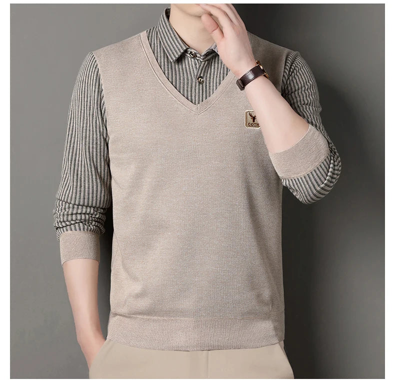 Men's Winter Sweater Fashion Polo Shirt Pullover Slim Fit Elegant Luxury Brand Knitwear Fake Two Pieces Knitted Sweaters