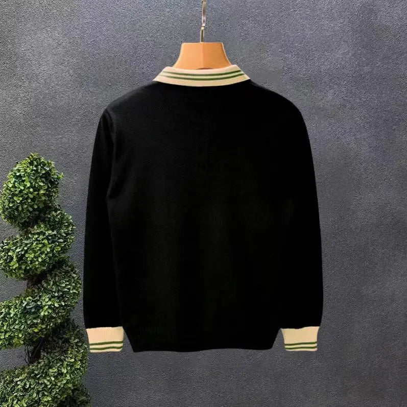 Spring Autumn Men's Light Luxury turn-down collar Knitted Polo Shirt Solid Color Long-sleeved Pullover Knitwear Streetwear
