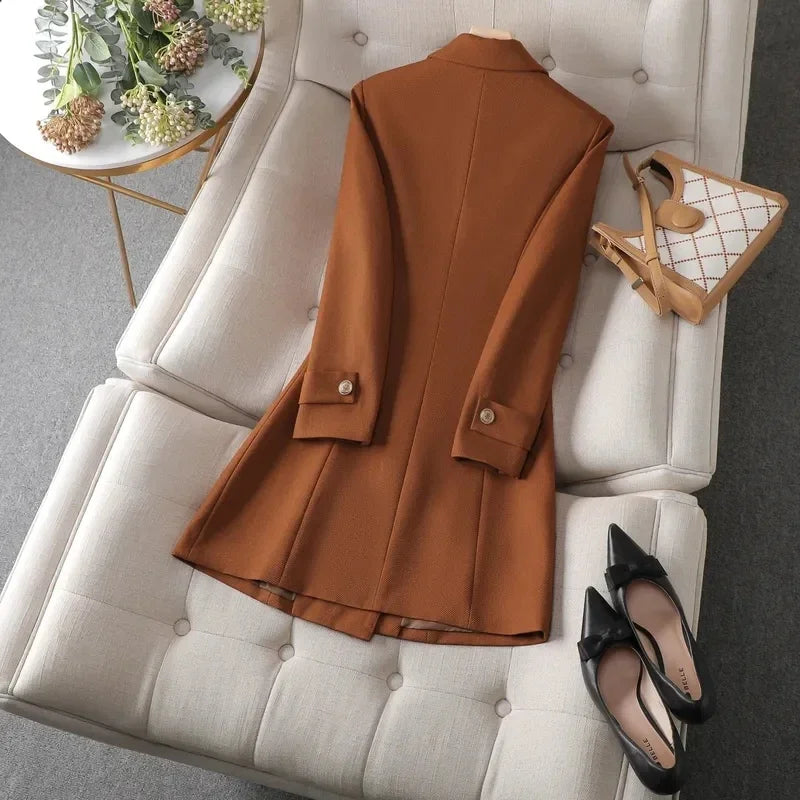 Autumn Winter Jacket Women Long Blazer Khaki Coffee Black .