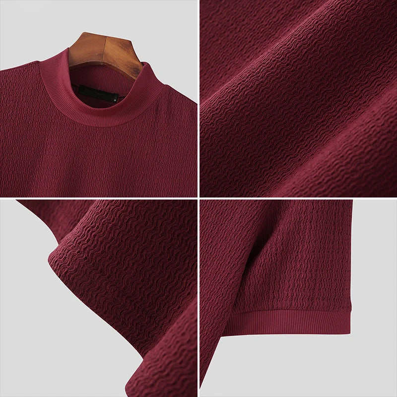 New Summer Fashion Tight T-shirt Casual Streetwear Textured High-neck Solid Color Short-sleeved Bottoming Tees Korean Style Tops