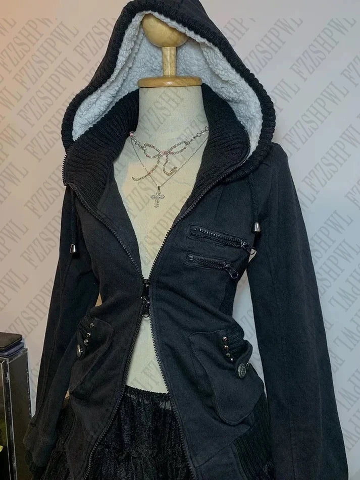 Winter riveted cool girl Gothic zipper hoodie coat  cardigan jacket.
