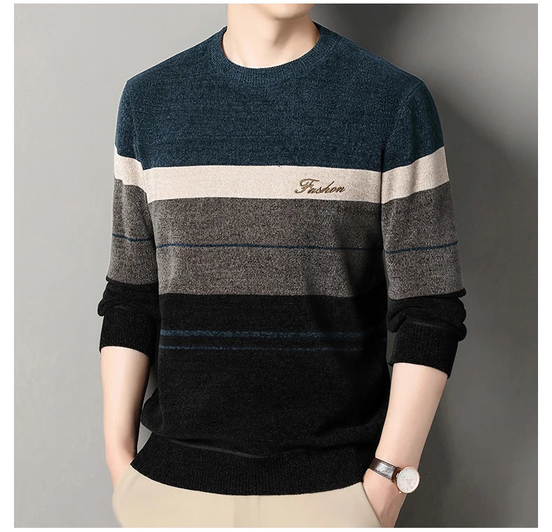 Mens Fashion Striped Sweater Round Neck Pullover Fleece.