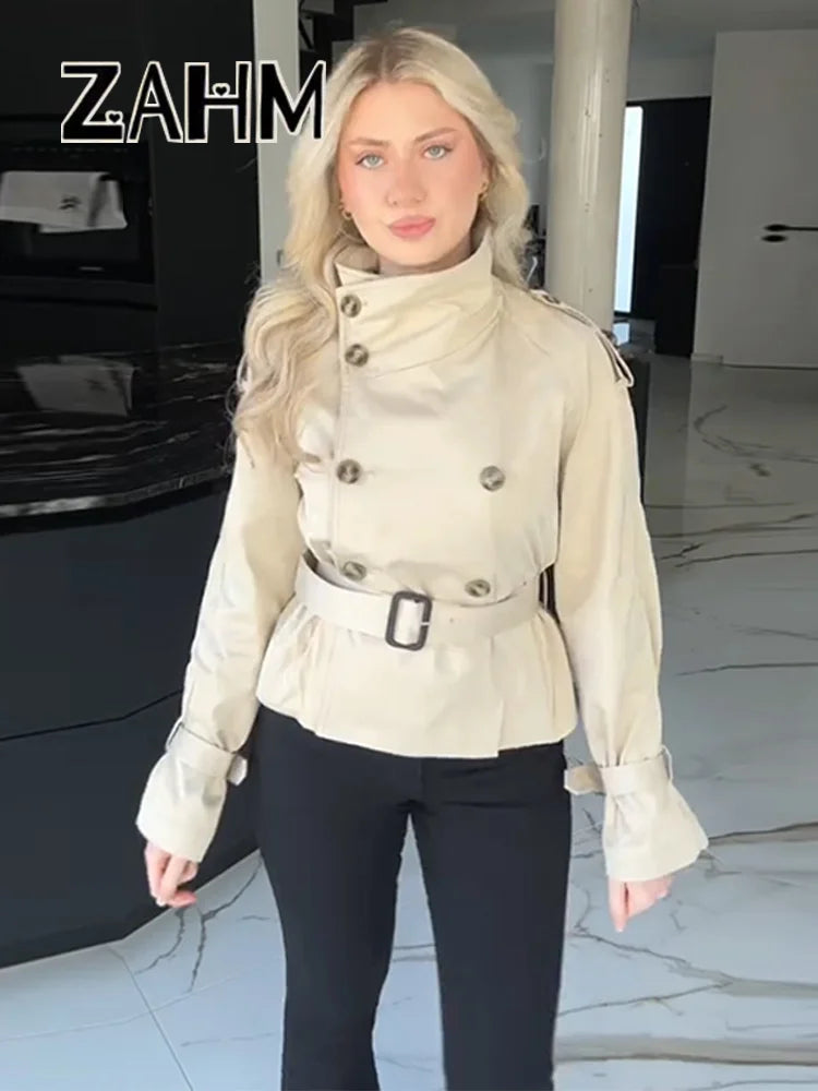 Fashion Women's Short Belt Jackets Long Sleeve Stand Collar Double Breasted Female Coat 2025 Autumn Lady Solid Outwear