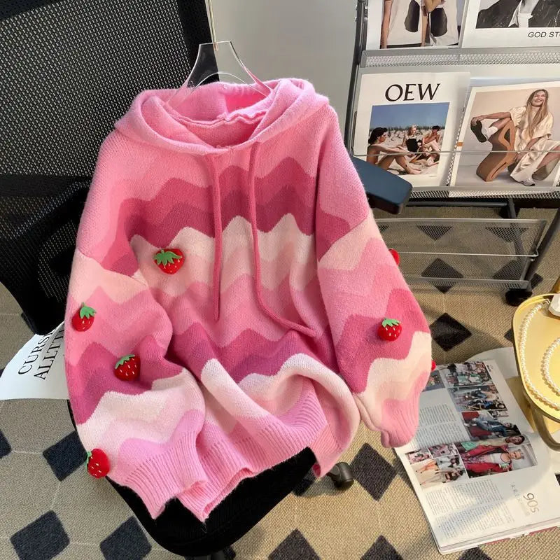 Gagarich Pink Strawberry Bear Hooded Sweater Jacket Women.