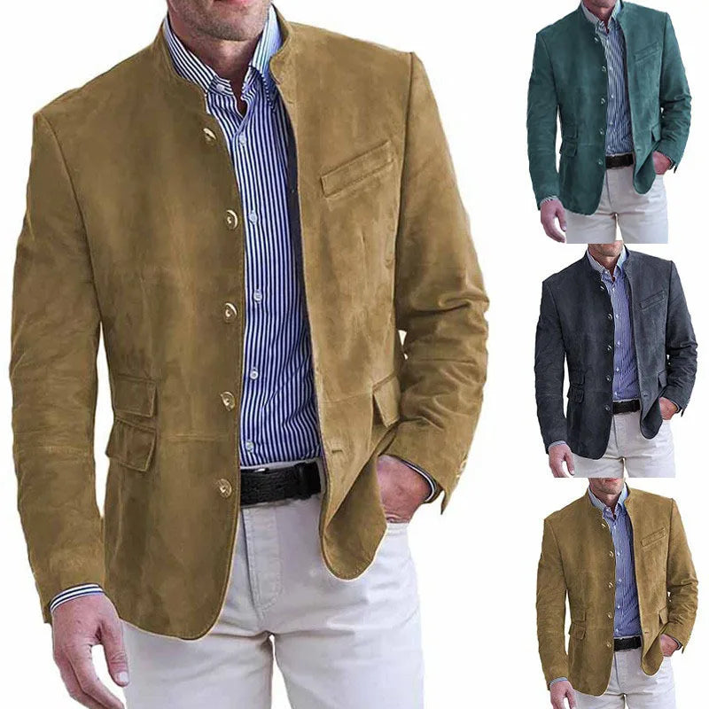 Men Blazers Solid Stand Collar Suits Single Breasted Blazer.
