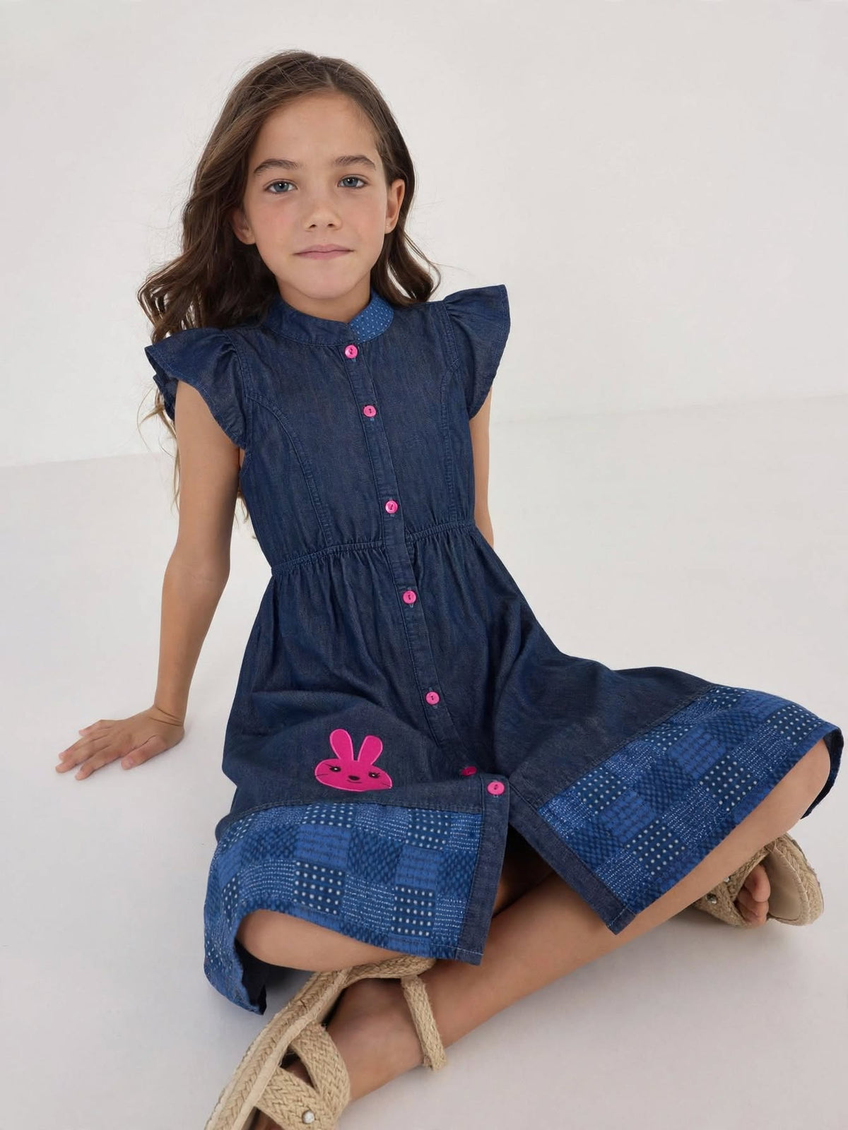 Sleeveless Button-Front Denim Dress with Cute Bunny Patch Detail |MH Size (2-12Years)