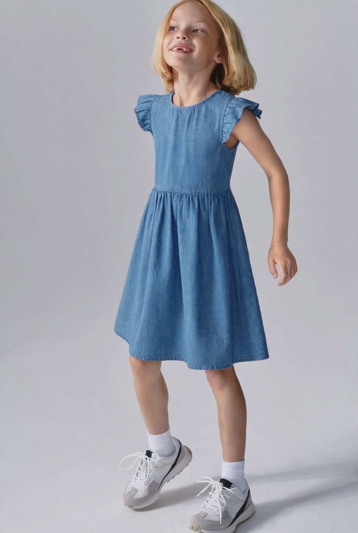 Girls Soft Denim Knee-Length Dress – Lightweight Flutter Sleeve Summer Outfit | Sizes (1-6Years) MH