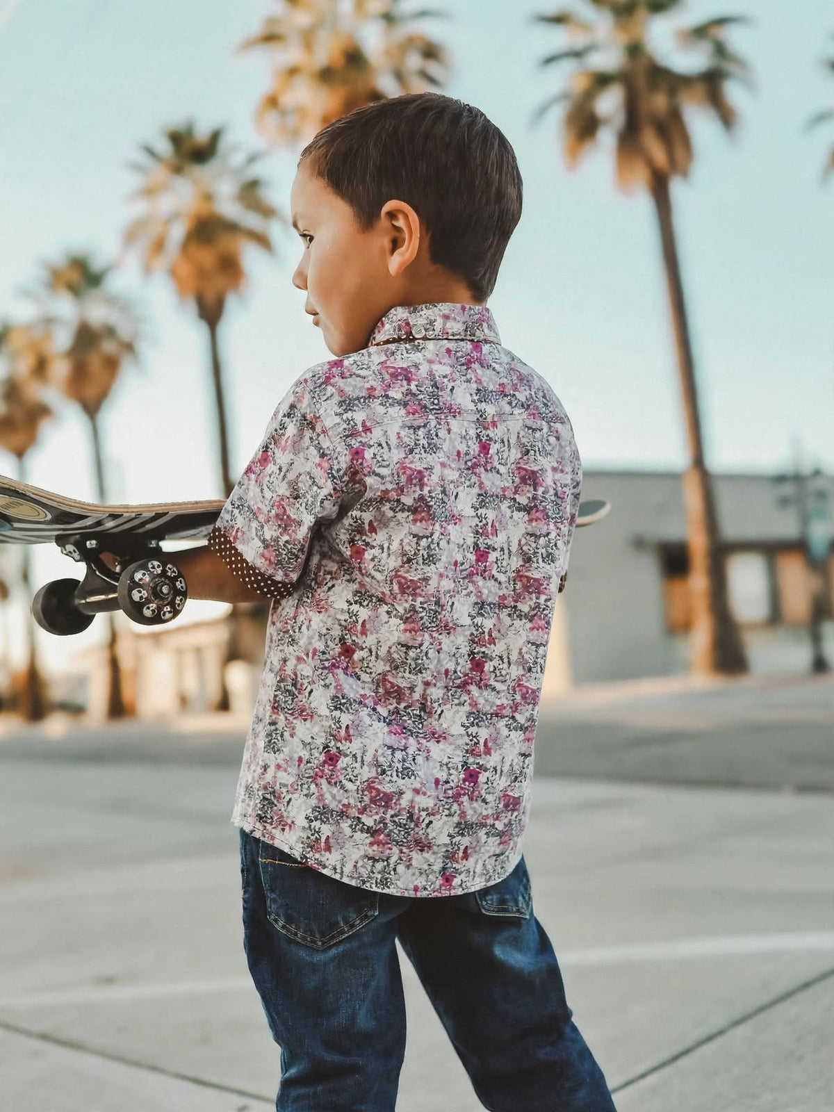 Kid Boy's Floral Printed Contrast Trim Short-Sleeve Shirt | MH Size (2-12Years)
