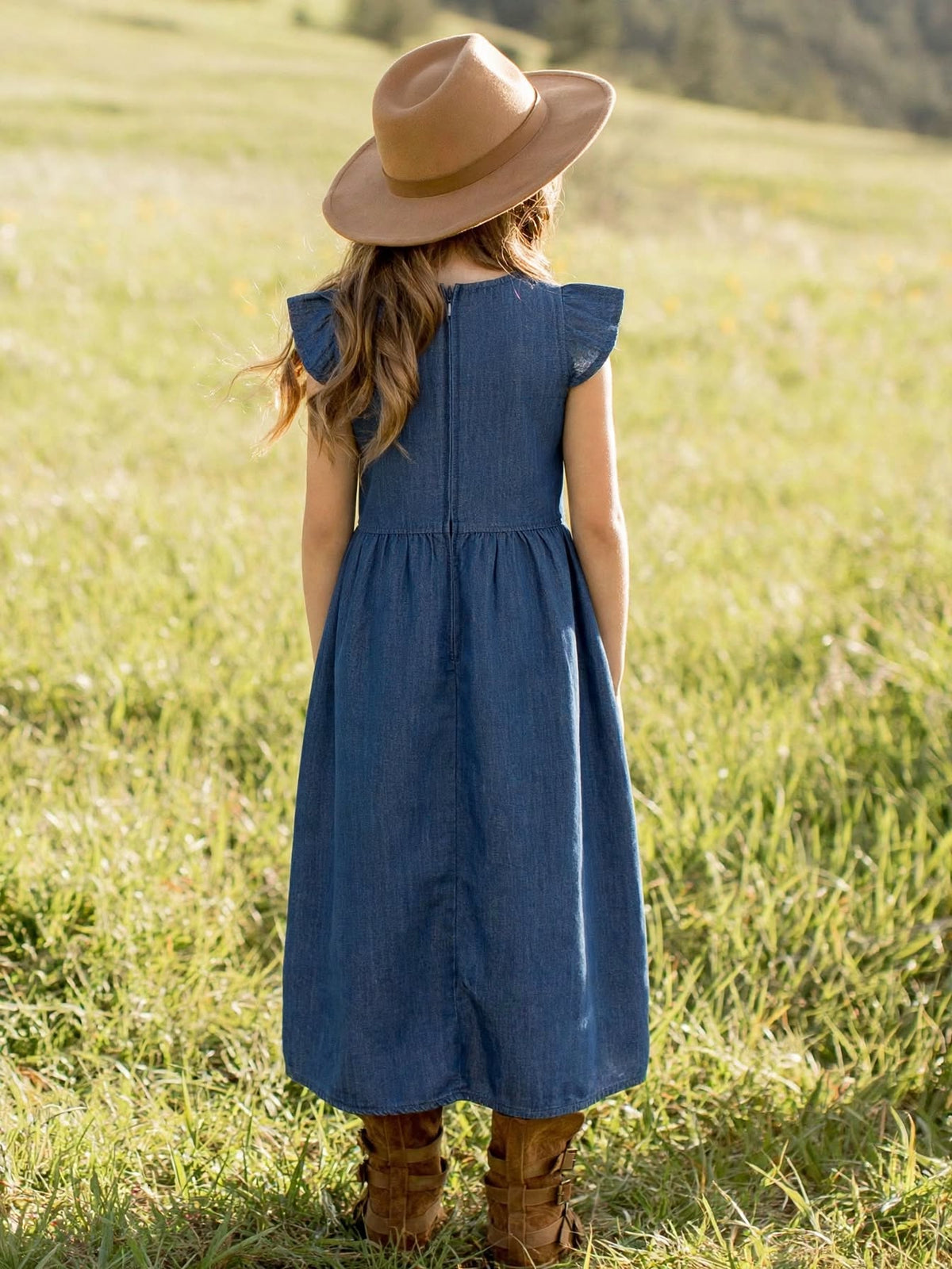 Girls' Denim Flutter Sleeve Dress – Embroidered Character A-Line Summer Dress (1-6 Years) | MH