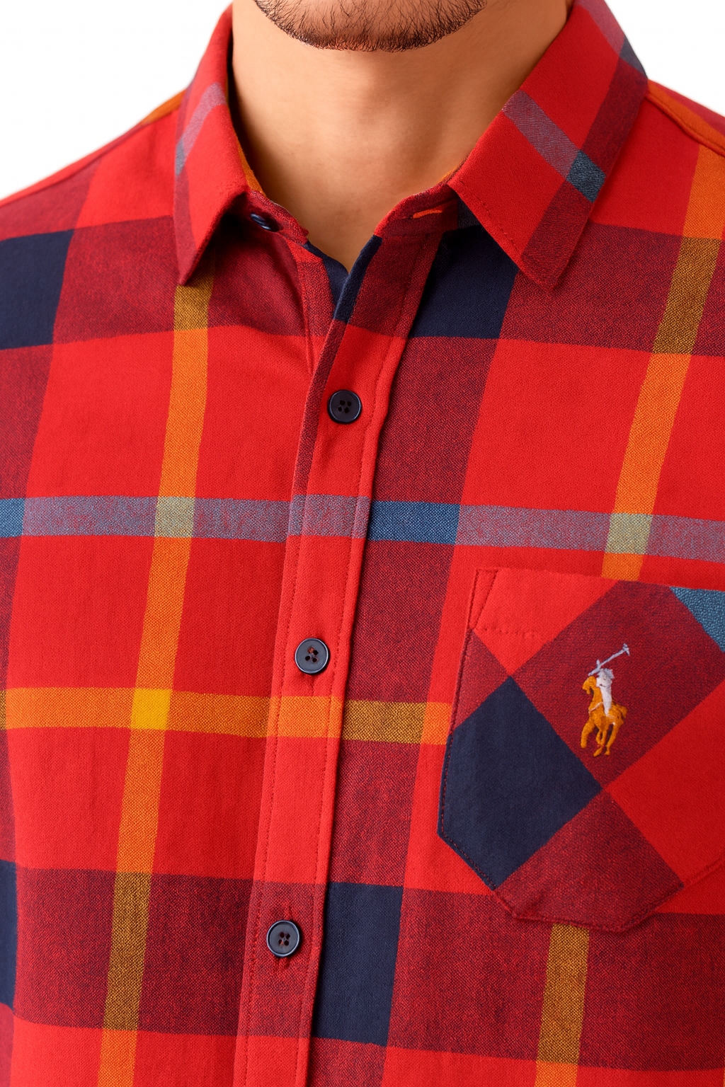 Bold Checks, Sharp Style: Red Plaid Shirt with Modern Edge / MH