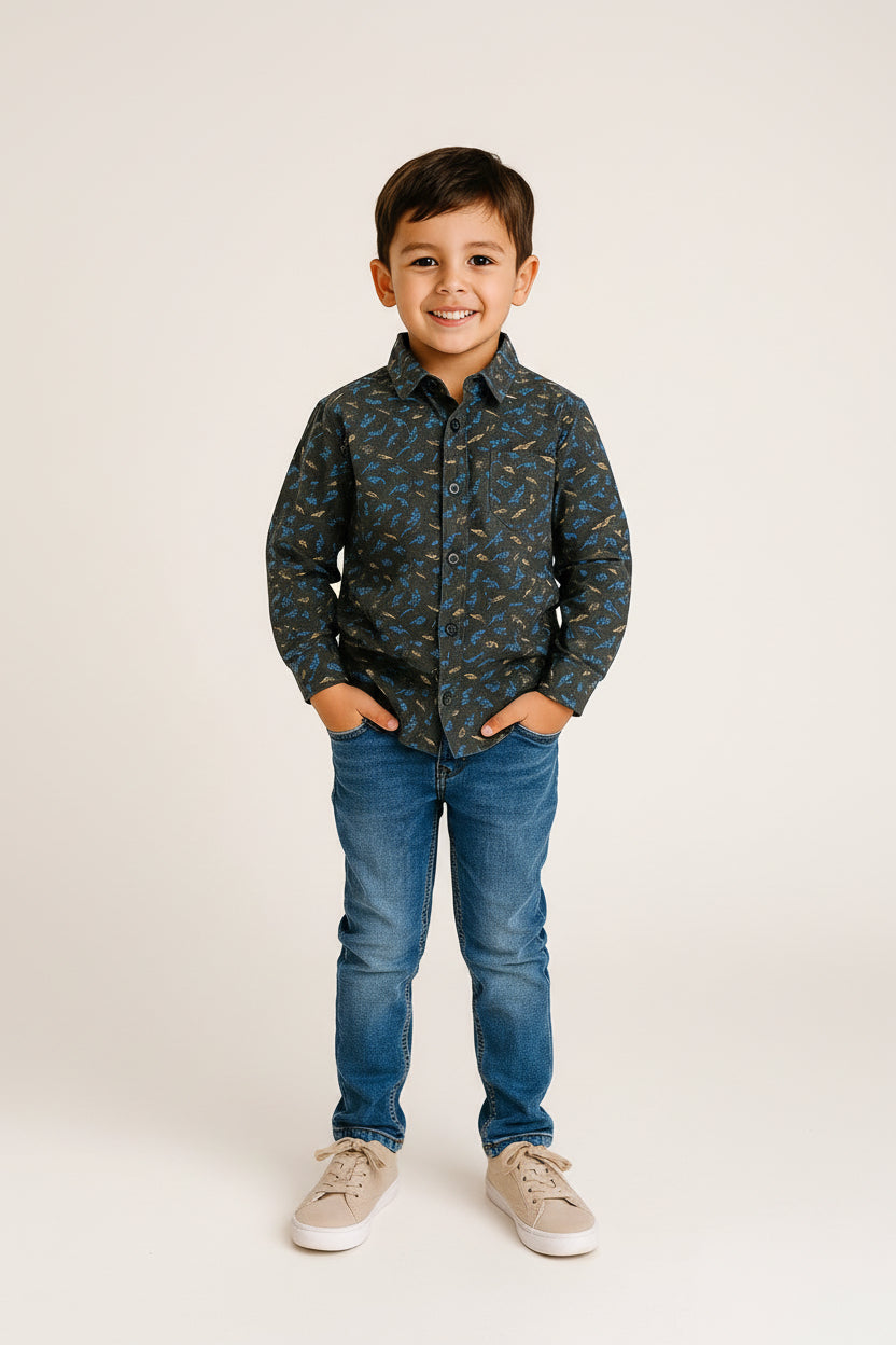 Boys Dark Charcoal Blue & Gold Feather Scatter Print Long Sleeve Shirt | Smart Casual | Ages 3–14 Years | MH