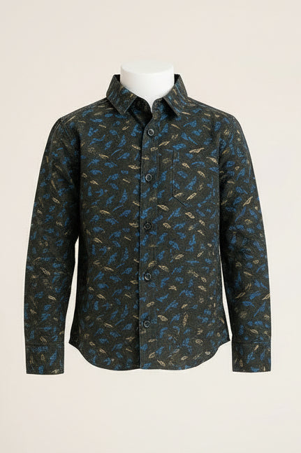Boys Dark Charcoal Blue & Gold Feather Scatter Print Long Sleeve Shirt | Smart Casual | Ages 3–14 Years | MH