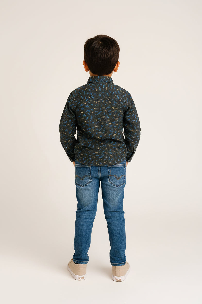 Boys Dark Charcoal Blue & Gold Feather Scatter Print Long Sleeve Shirt | Smart Casual | Ages 3–14 Years | MH