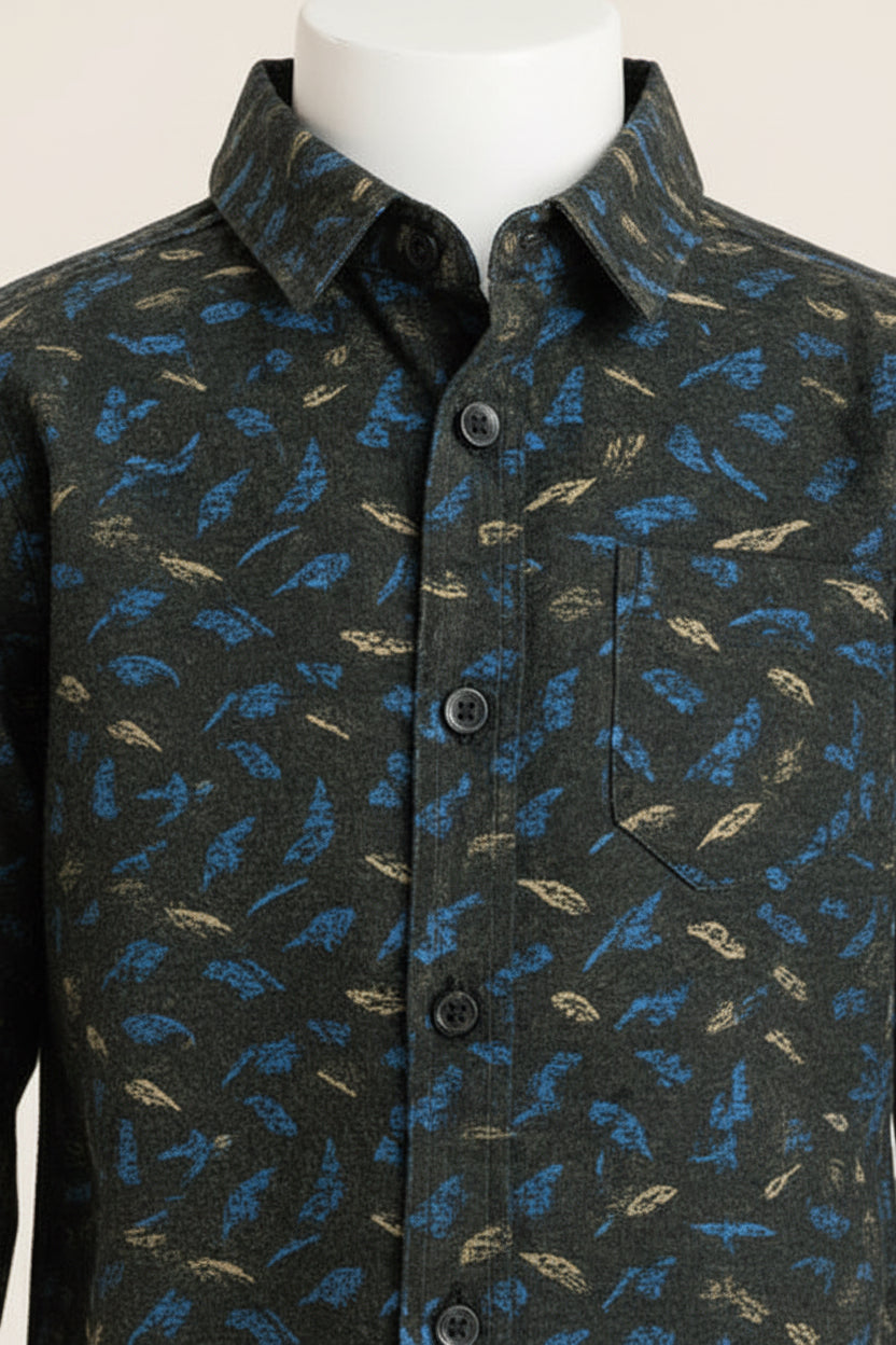 Boys Dark Charcoal Blue & Gold Feather Scatter Print Long Sleeve Shirt | Smart Casual | Ages 3–14 Years | MH