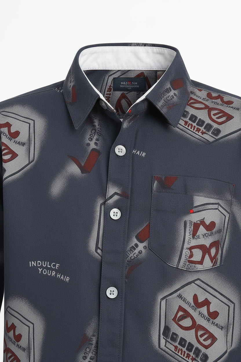 Boys Dark Grey Graphic Print Long Sleeve Shirt | Urban Street Style Badge Print | Ages 3–14 Years | MH