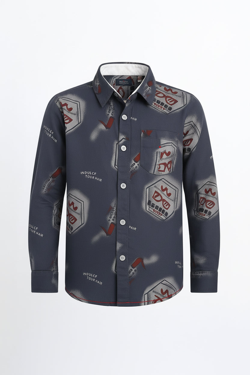 Boys Dark Grey Graphic Print Long Sleeve Shirt | Urban Street Style Badge Print | Ages 3–14 Years | MH