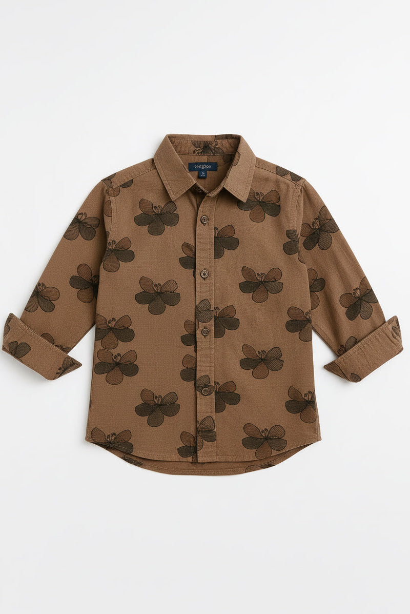 Boys Camel Brown Dark Floral Shadow Print Long Sleeve Shirt | Roll-Up Cuffs Smart Casual | Ages 3–14 Years | MH