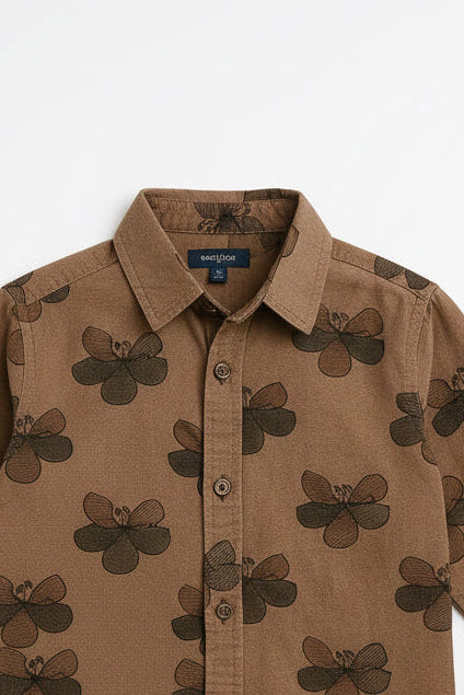 Boys Camel Brown Dark Floral Shadow Print Long Sleeve Shirt | Roll-Up Cuffs Smart Casual | Ages 3–14 Years | MH