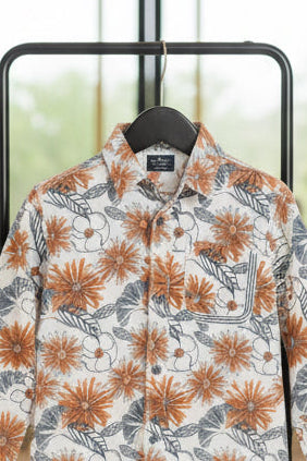 Boys Cream Rust Orange & Grey Tropical Floral Print Long Sleeve Shirt | Chest Pocket Smart Casual | Ages 3–14 Years | MH