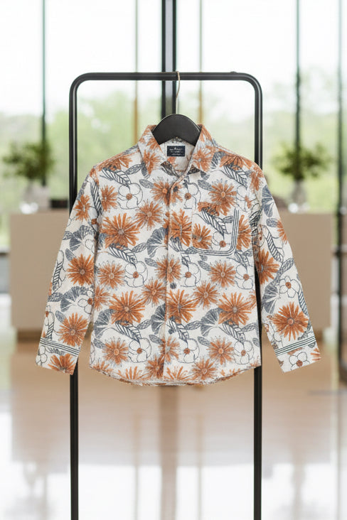 Boys Cream Rust Orange & Grey Tropical Floral Print Long Sleeve Shirt | Chest Pocket Smart Casual | Ages 3–14 Years | MH