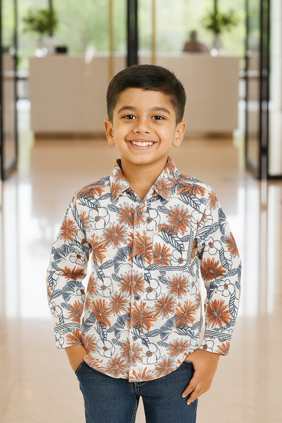 Boys Cream Rust Orange & Grey Tropical Floral Print Long Sleeve Shirt | Chest Pocket Smart Casual | Ages 3–14 Years | MH