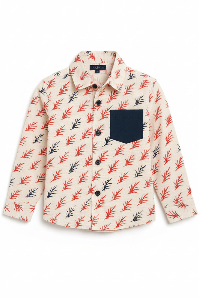 Boys Cream Coral & Navy Leaf Print Long Sleeve Shirt | Contrast Navy Chest Pocket | Ages 3–14 Years | MH